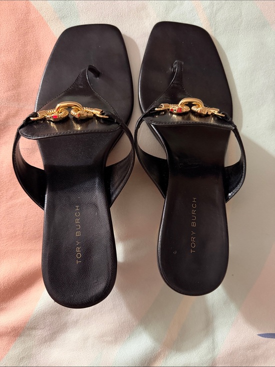 Tory Burch Shoes - Tory Burch Black Leather Thong Sandals with Gold Hardware